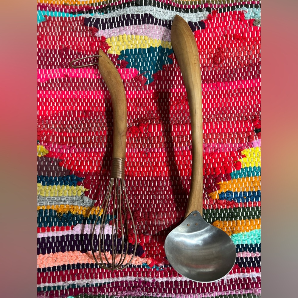 Set of 2 Wood Handle Vintage Kitchen Utensils Whisk Soup Ladle